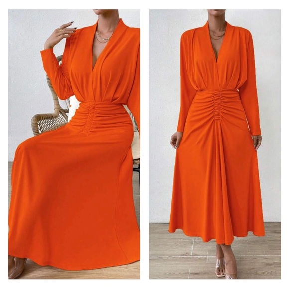Burnt Orange Ruched Front A-line Long Sleeve Dress - Picture 2 of 3